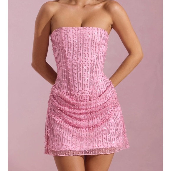 Oh Polly Dresses & Skirts - Oh Polly Pink Beaded Sequin Mini Dress Strapless Corset Pearl Embellished US 14